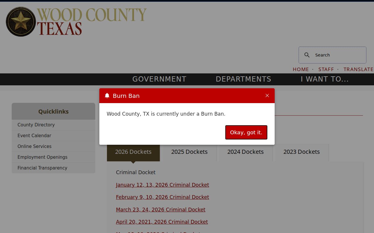 Wood County criminal docket access page for filed court matters