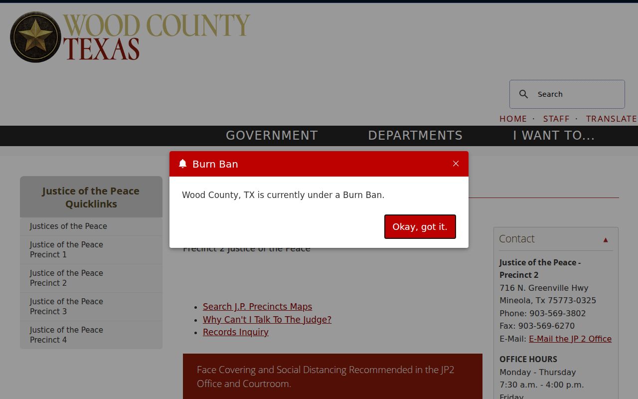 Wood County JP2 precinct contact for county citations in the Mineola area