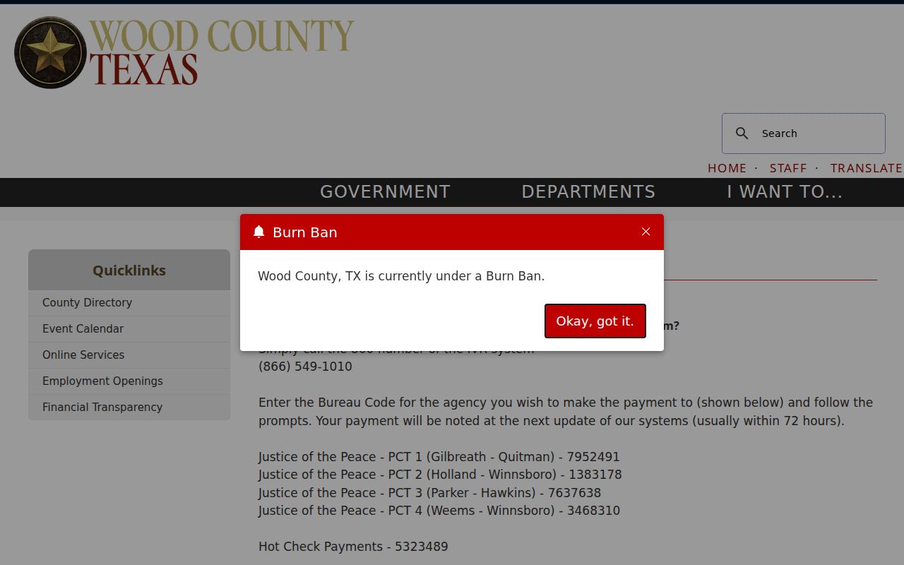 Wood County traffic warrant payment information and JP bureau-code route