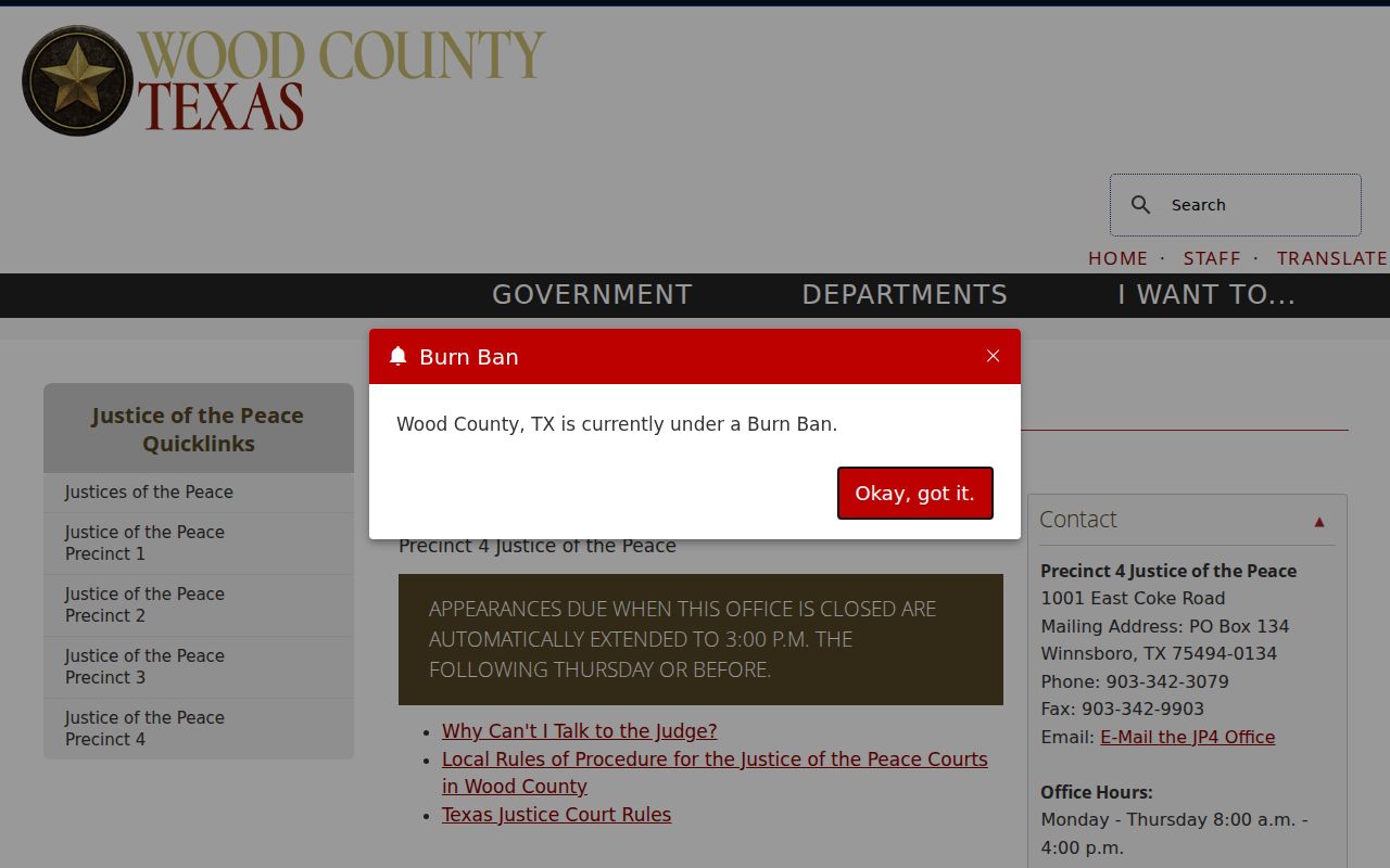 Wood County bench warrant court route at Justice of the Peace Precinct 4