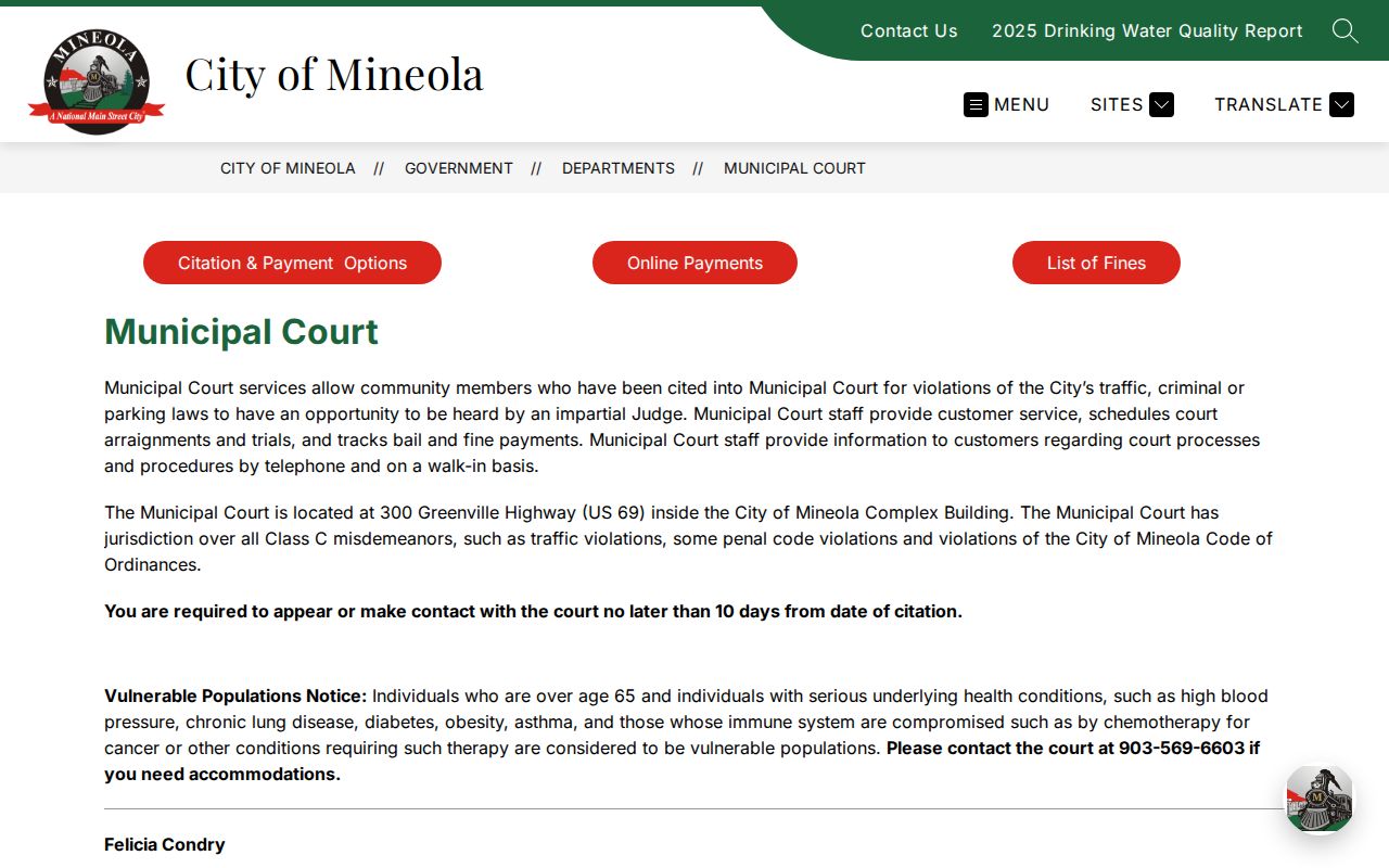 Wood County municipal warrant contact through Mineola Municipal Court