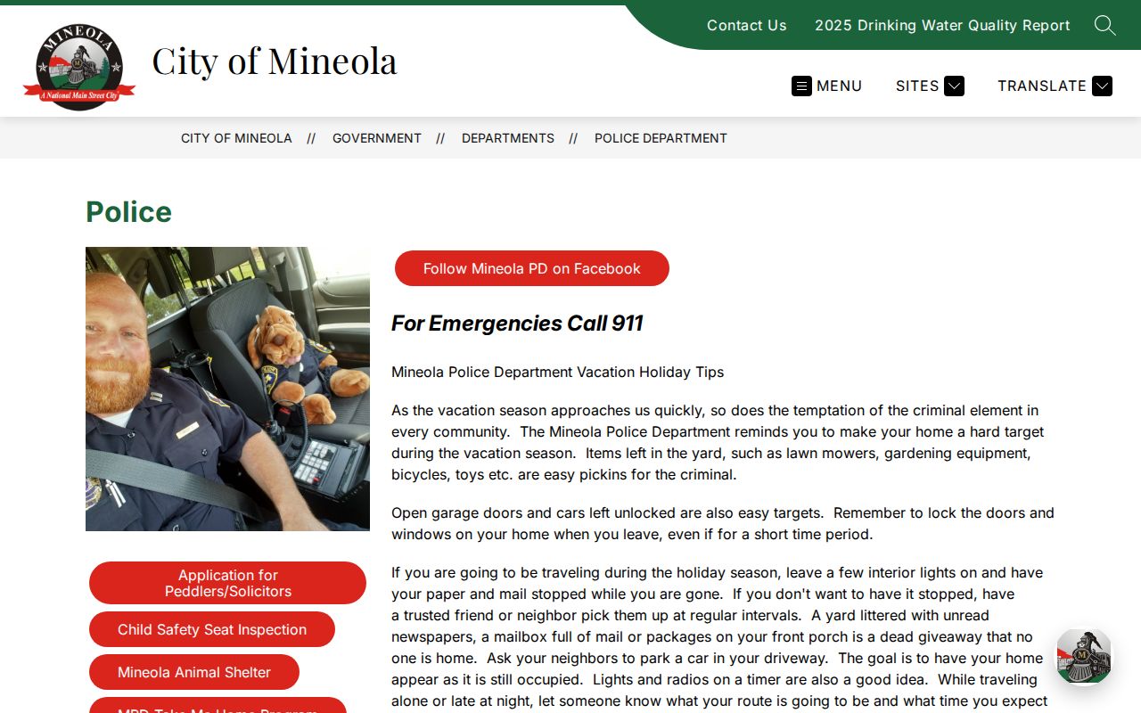 Mineola, Wood County warrant records police contact page
