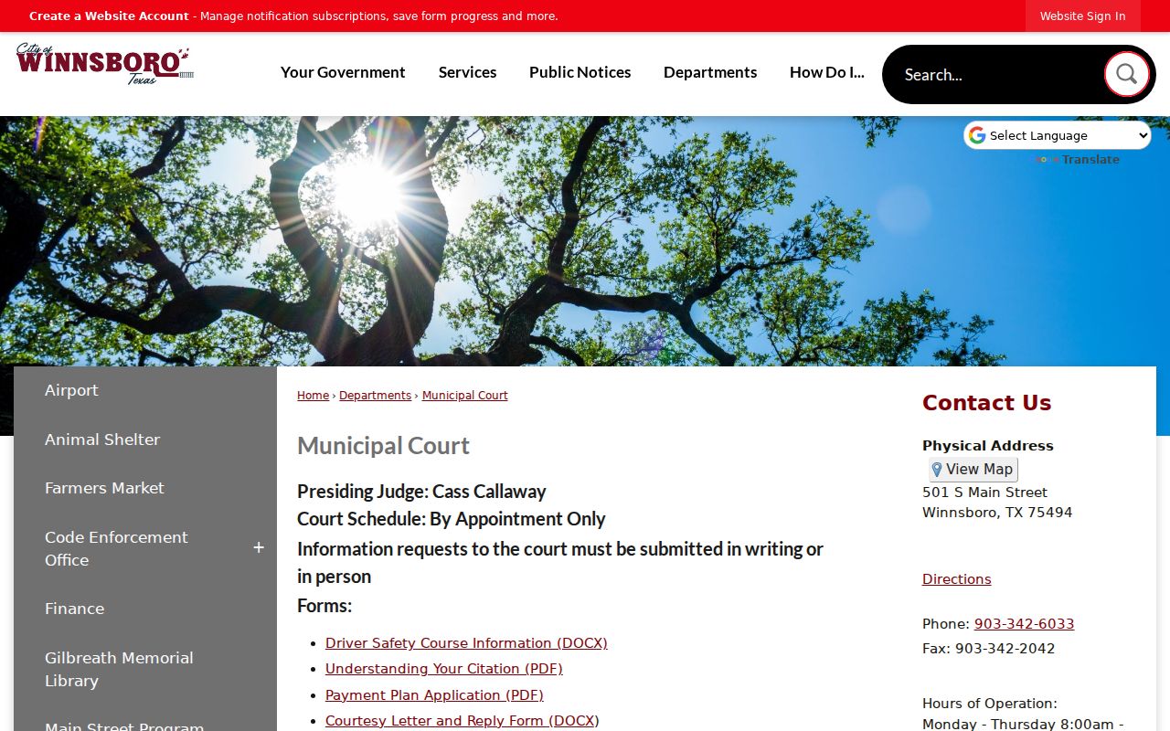 Winnsboro, Wood County warrant records court contact page