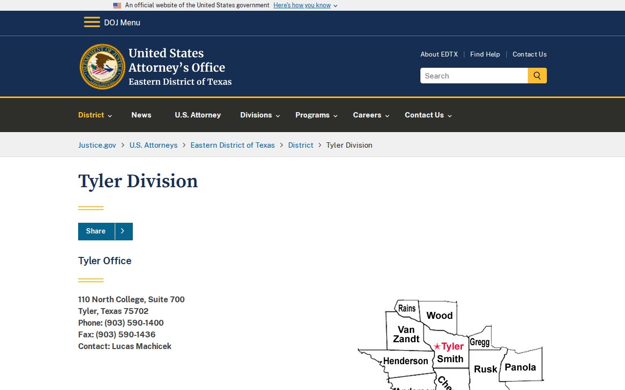 U.S. Attorney Eastern District of Texas Tyler Division contact page