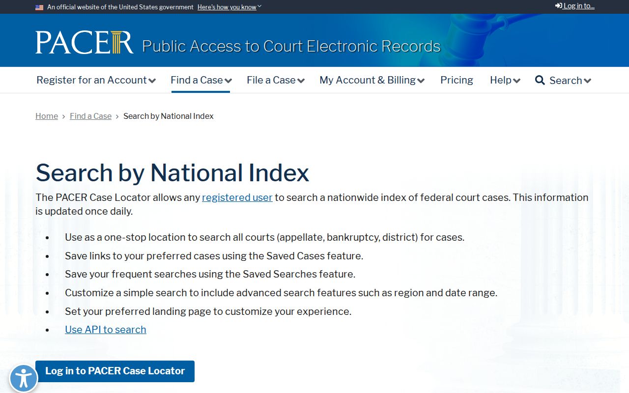 PACER national index interface for federal case searches, separate from county warrants